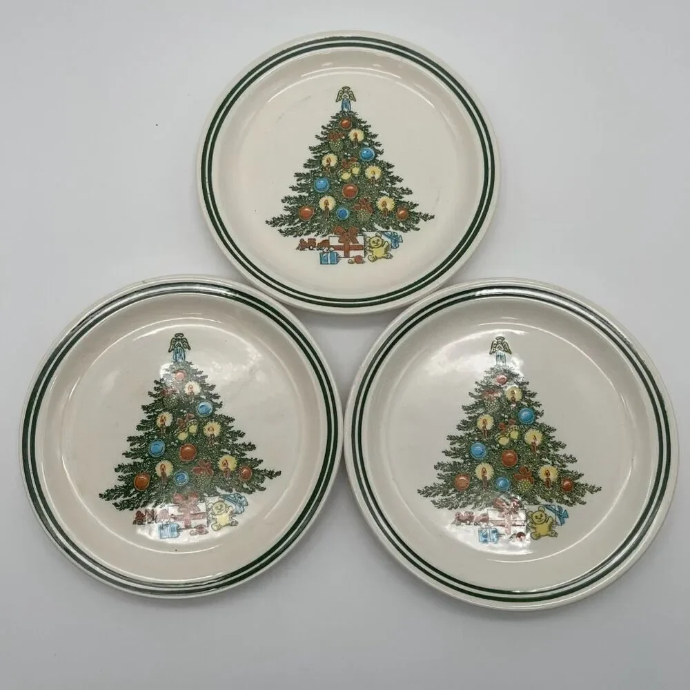 Christmas Tree Plates Lot of 3 Salad Dessert White Ceramic Round Traditional Set